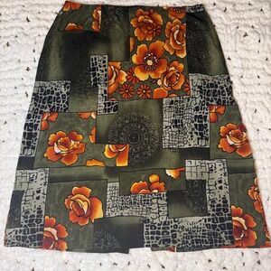 Luca Y2K Patchwork Midi Skirt Large Olive Green Orange Floral Boho Slinky Slit